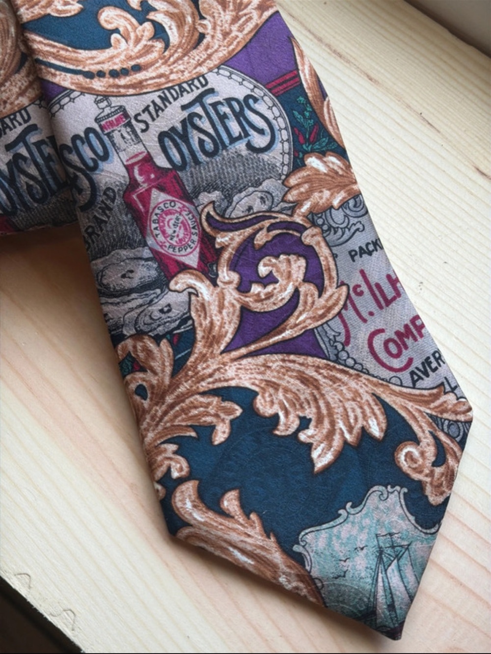 Tabasco Decorative Scroll Pattern Tie in Teal, Purple and Tan
